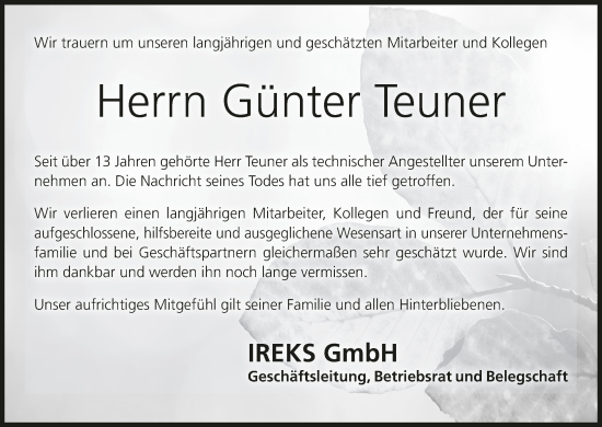 Anzeige von Günter Teuner von MGO