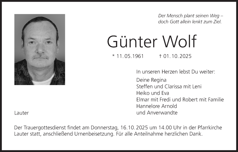  Traueranzeige für Günter Wolf vom 04.10.2025 aus MGO