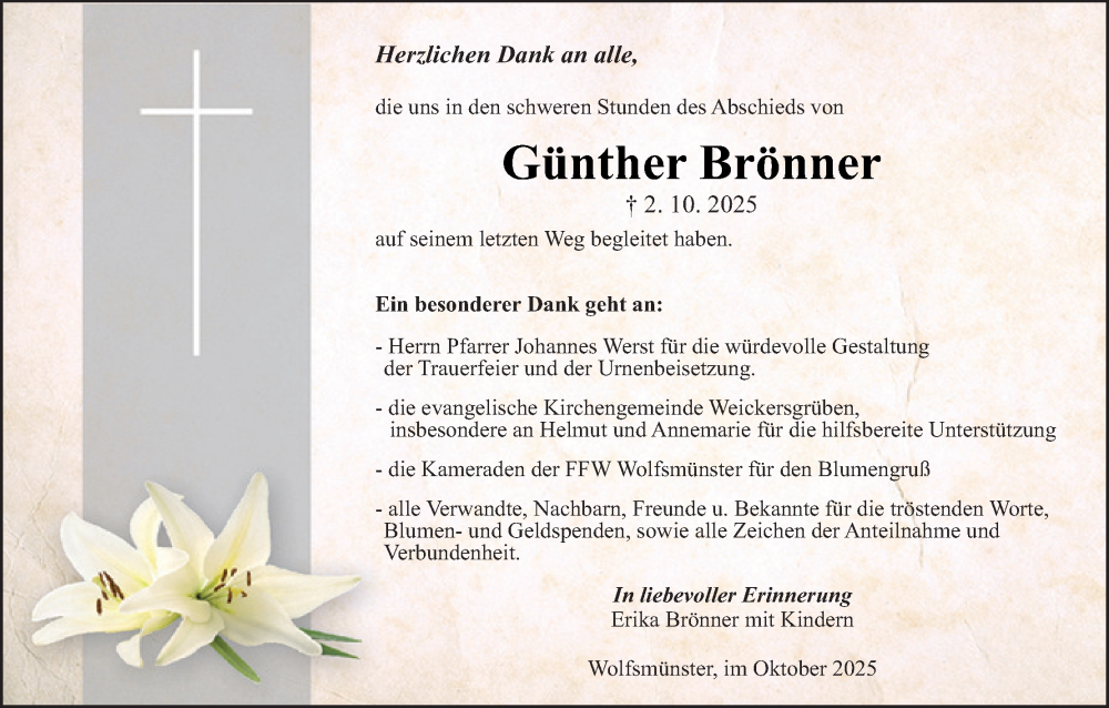  Traueranzeige für Günther Brönner vom 25.10.2025 aus MGO