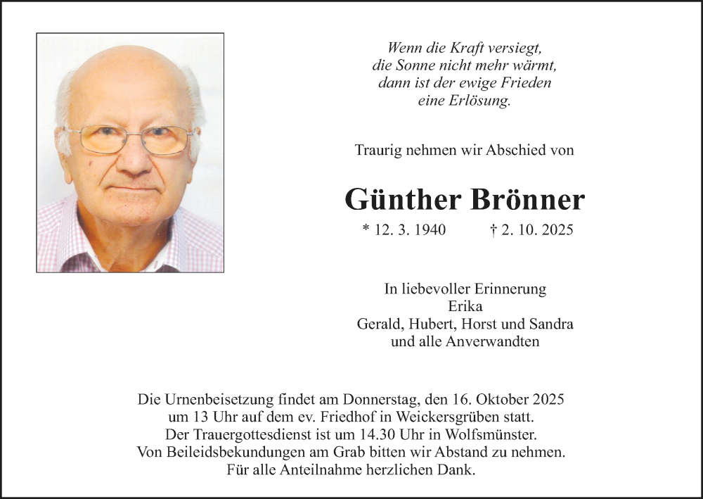  Traueranzeige für Günther Brönner vom 11.10.2025 aus MGO