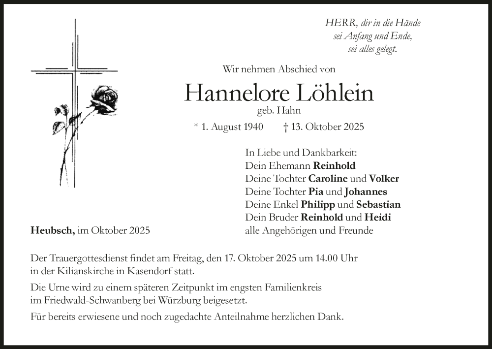  Traueranzeige für Hannelore Löhlein vom 15.10.2025 aus MGO