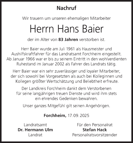 Anzeige von Hans Baier von MGO