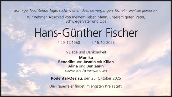 Anzeige von Hans-Günther Fischer von MGO