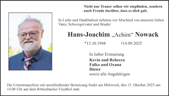 Anzeige von Hans-Joachim Nowack von MGO