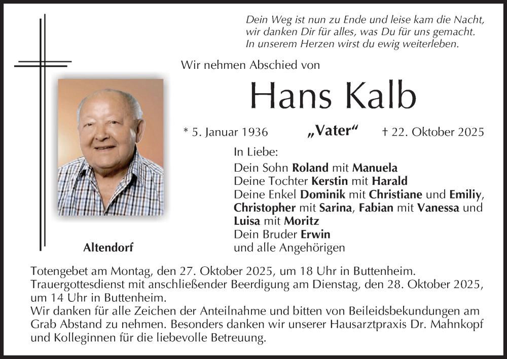  Traueranzeige für Hans Kalb vom 25.10.2025 aus MGO