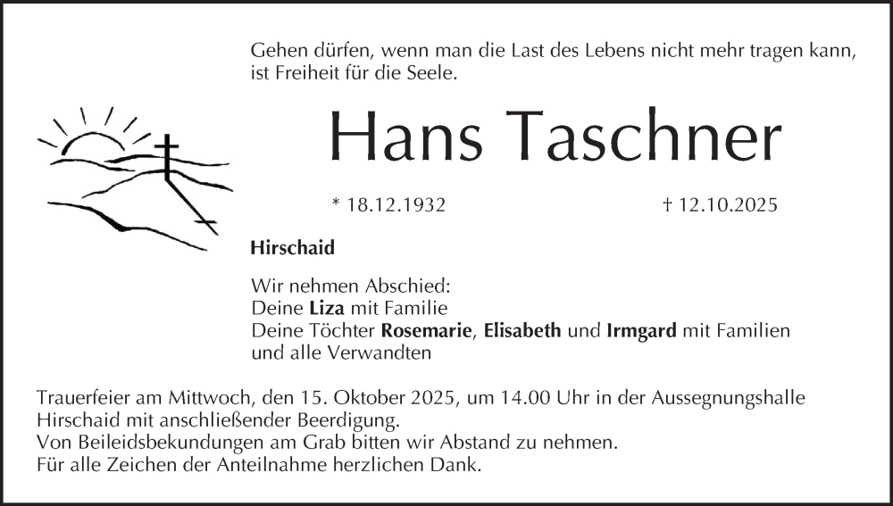  Traueranzeige für Hans Taschner vom 14.10.2025 aus MGO