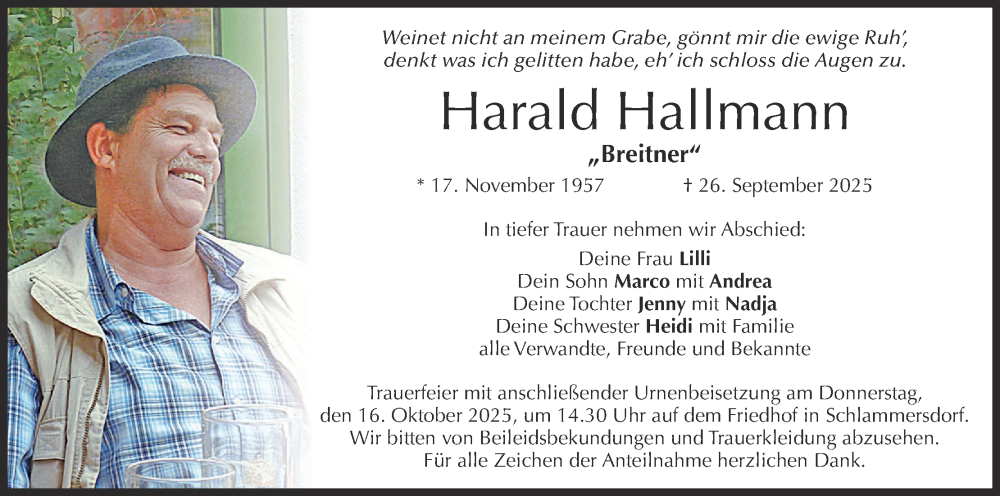  Traueranzeige für Harald Hallmann vom 11.10.2025 aus MGO