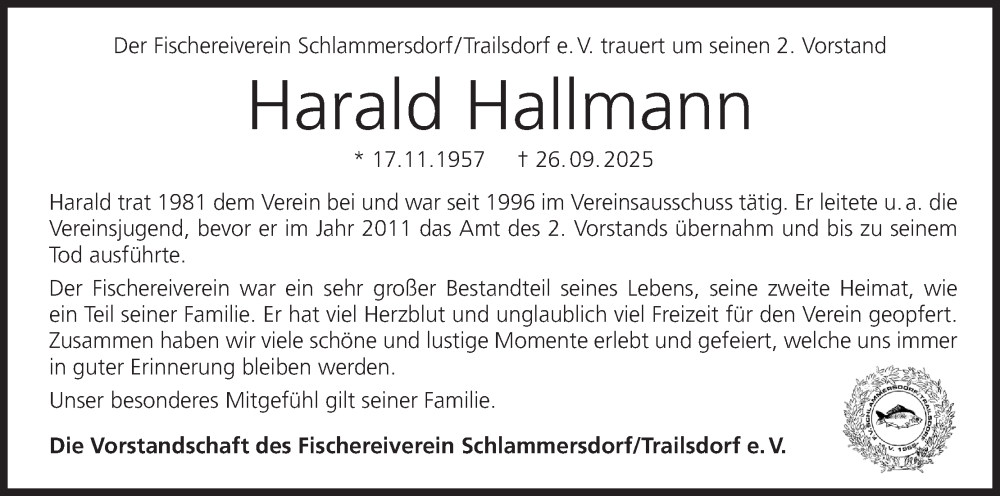  Traueranzeige für Harald Hallmann vom 11.10.2025 aus MGO