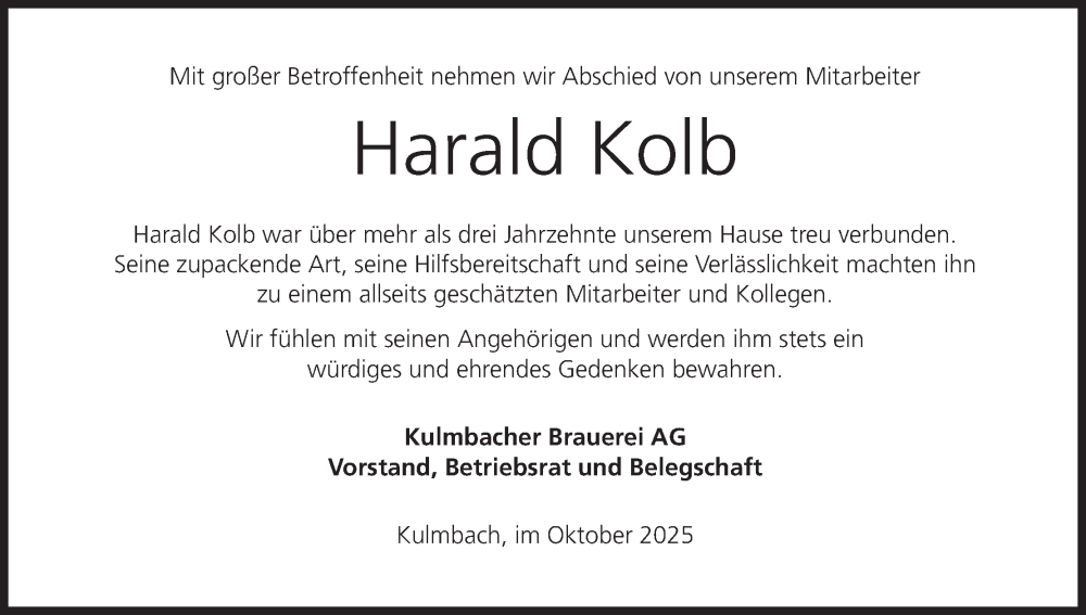  Traueranzeige für Harald Kolb vom 10.10.2025 aus MGO