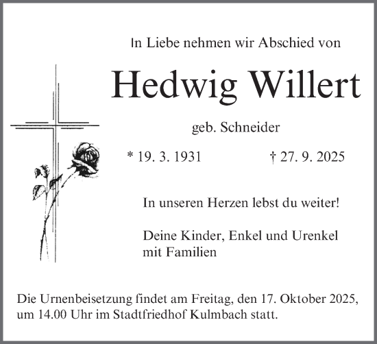 Anzeige von Hedwig Willert von MGO