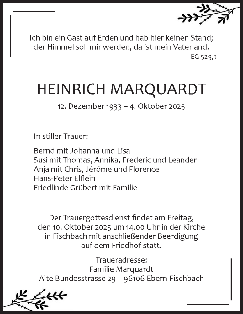  Traueranzeige für Heinrich Marquardt vom 08.10.2025 aus MGO