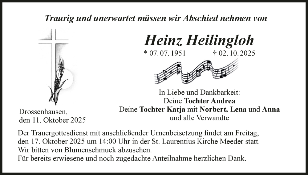  Traueranzeige für Heinz Heilingloh vom 11.10.2025 aus MGO