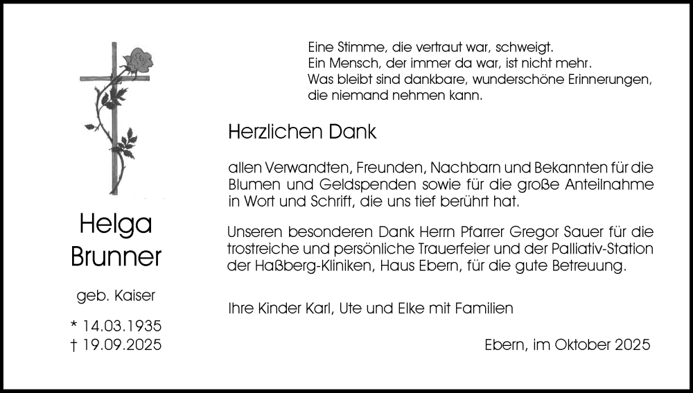  Traueranzeige für Helga Brunner vom 11.10.2025 aus MGO