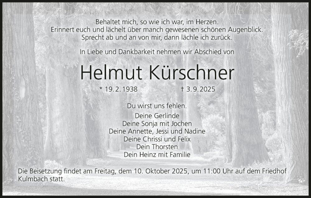  Traueranzeige für Helmut Kürschner vom 07.10.2025 aus MGO