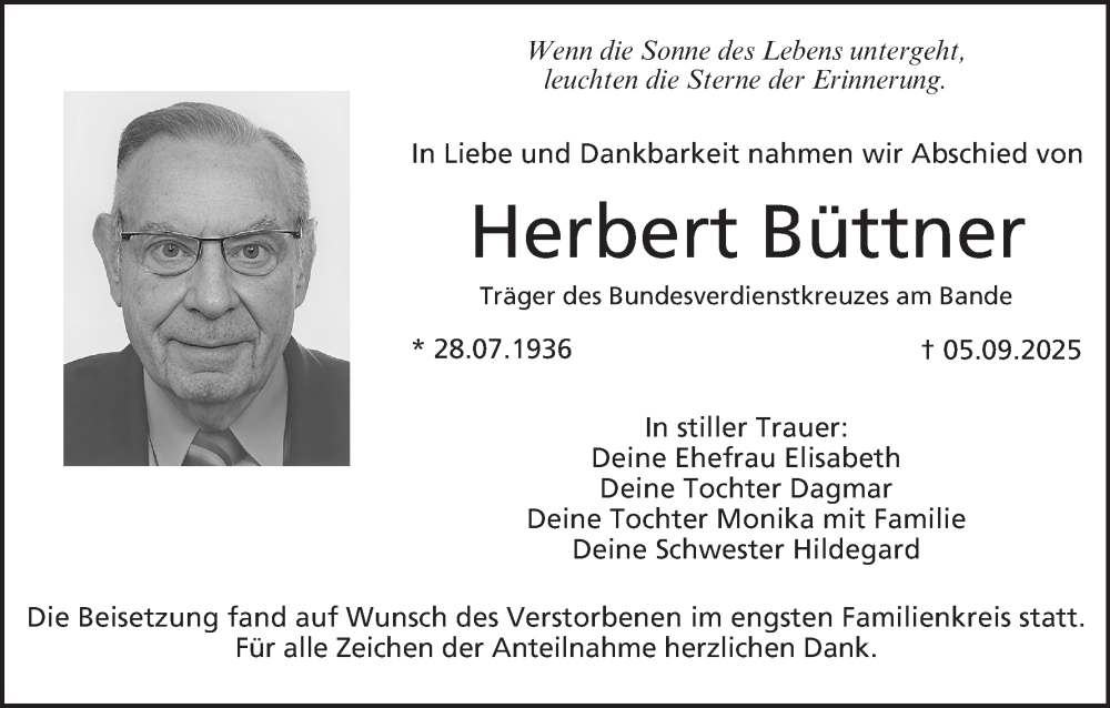  Traueranzeige für Herbert Büttner vom 11.10.2025 aus MGO