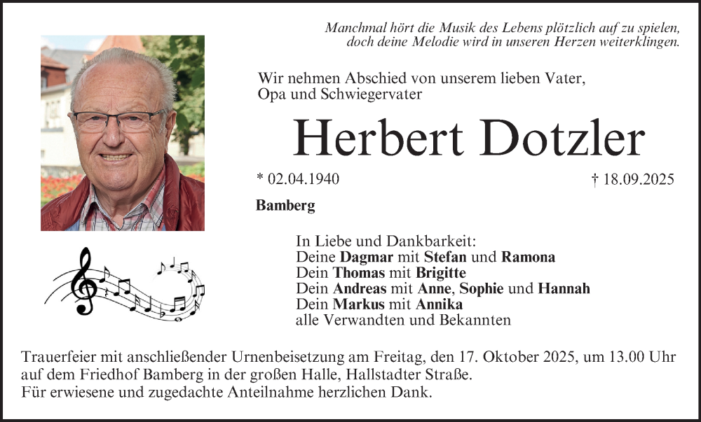  Traueranzeige für Herbert Dotzler vom 11.10.2025 aus MGO