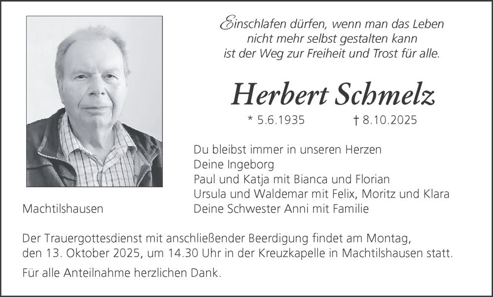  Traueranzeige für Herbert Schmelz vom 11.10.2025 aus MGO