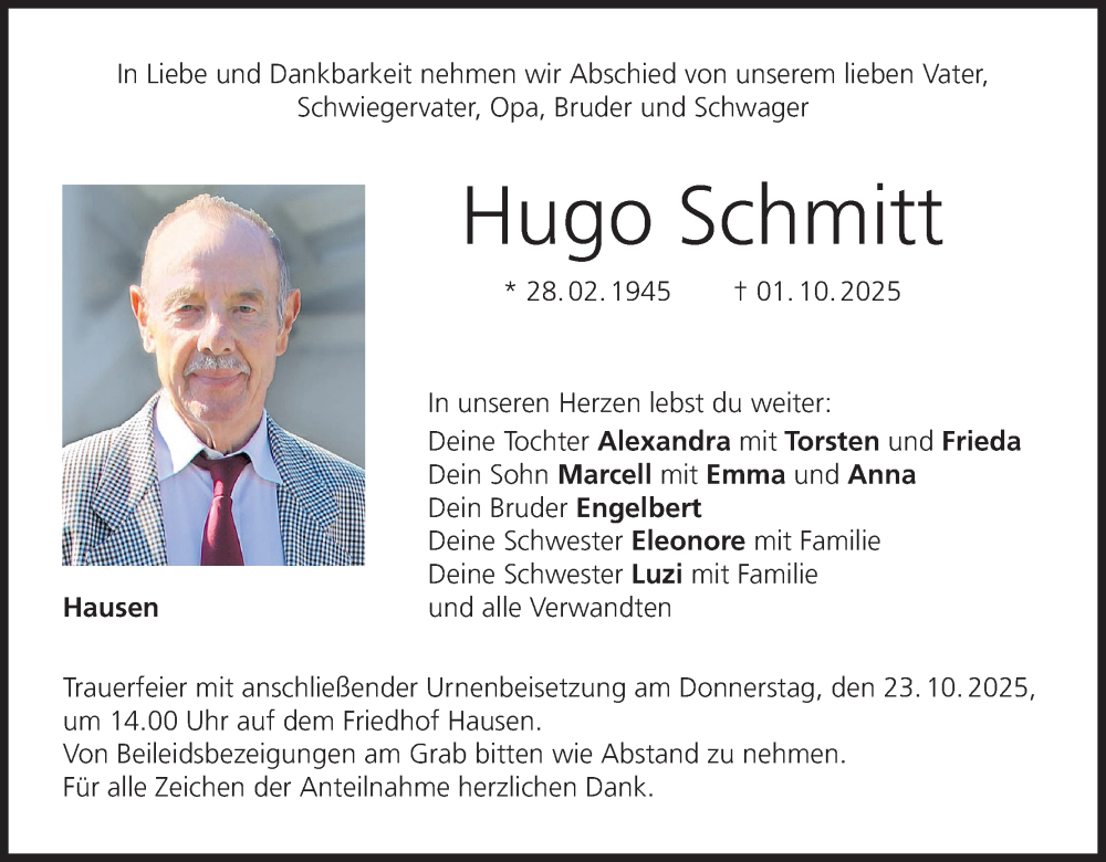  Traueranzeige für Hugo Schmitt vom 18.10.2025 aus MGO