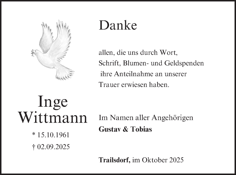  Traueranzeige für Inge Wittmann vom 11.10.2025 aus MGO