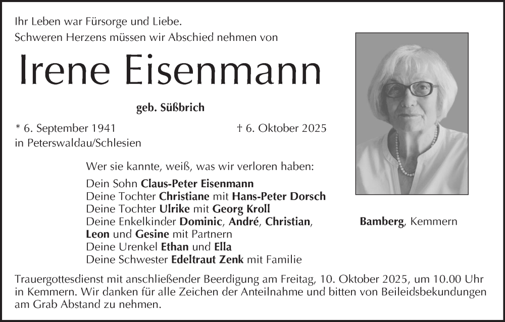  Traueranzeige für Irene Eisenmann vom 08.10.2025 aus MGO