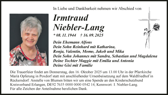Anzeige von Irmtraud Niebler-Lang von MGO