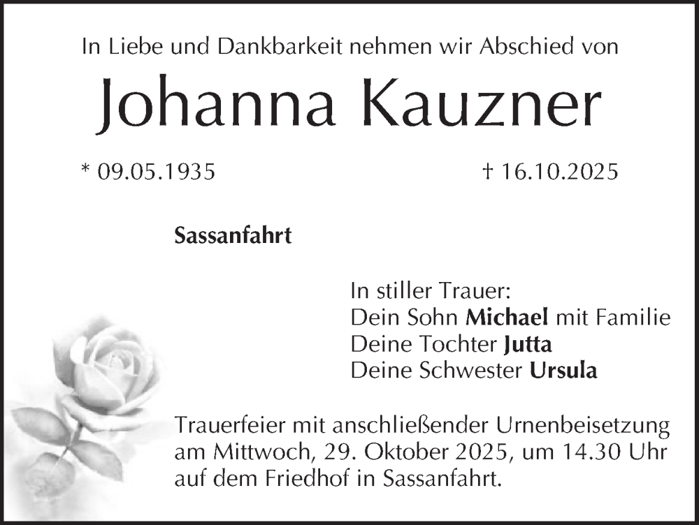  Traueranzeige für Johanna Kauzner vom 25.10.2025 aus MGO