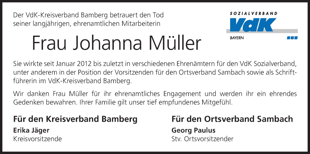  Traueranzeige für Johanna Müller vom 24.10.2025 aus MGO
