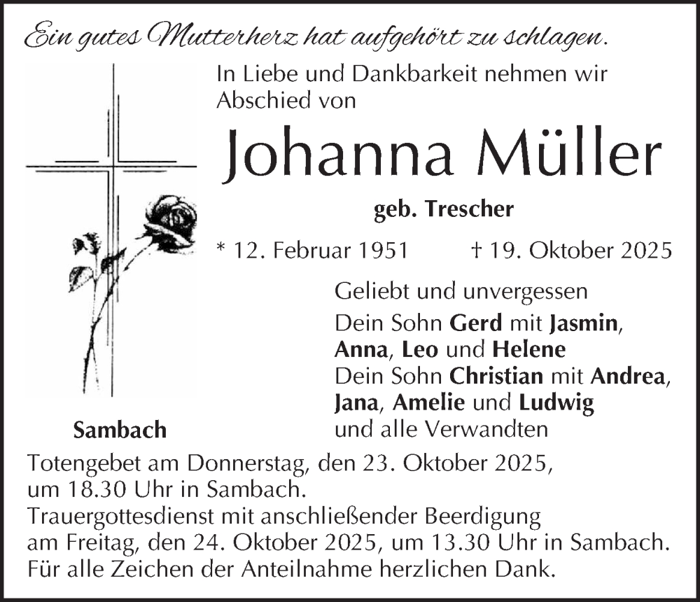  Traueranzeige für Johanna Müller vom 21.10.2025 aus MGO