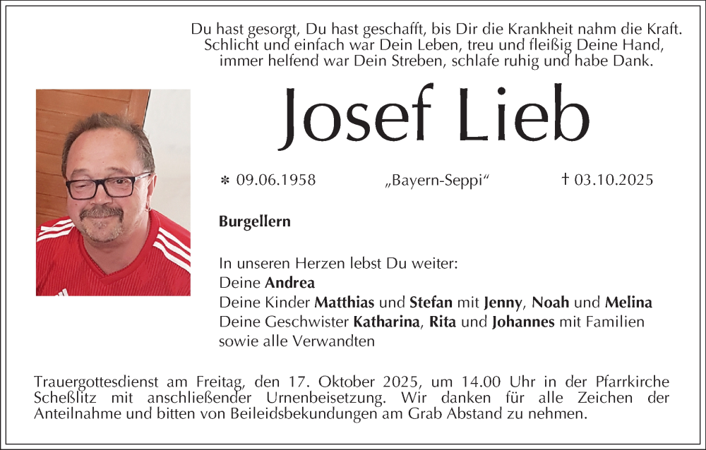  Traueranzeige für Josef Lieb vom 11.10.2025 aus MGO