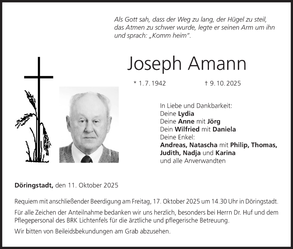  Traueranzeige für Joseph Amann vom 11.10.2025 aus MGO