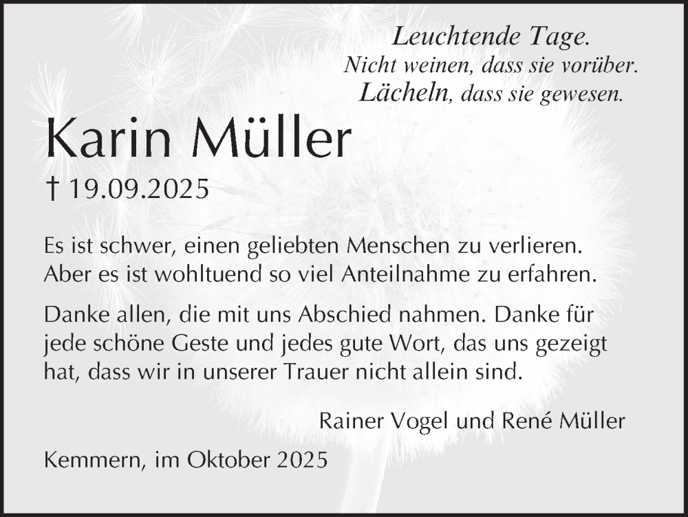  Traueranzeige für Karin Müller vom 18.10.2025 aus MGO