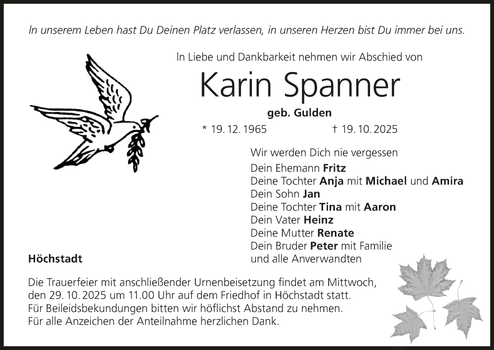  Traueranzeige für Karin Spanner vom 25.10.2025 aus MGO