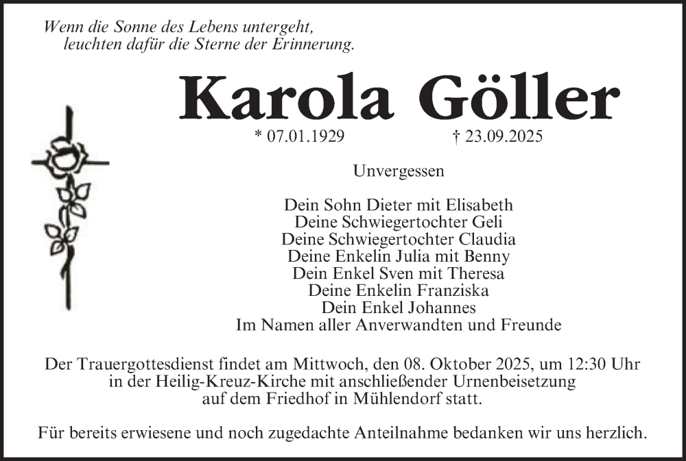  Traueranzeige für Karola Göller vom 04.10.2025 aus MGO