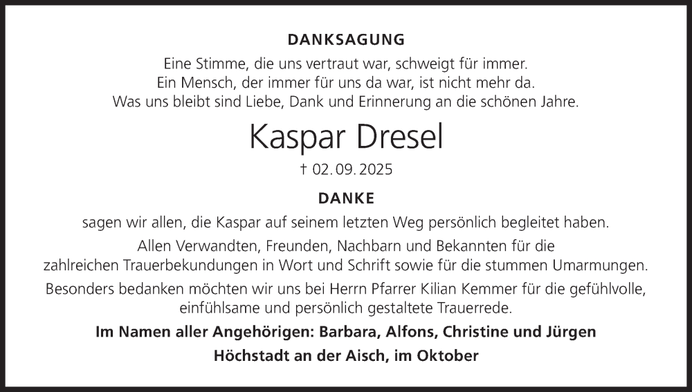  Traueranzeige für Kaspar Dresel vom 16.10.2025 aus MGO