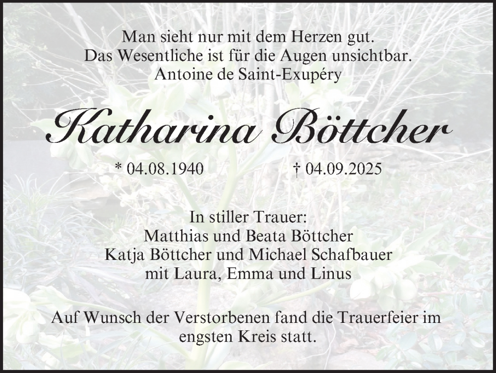  Traueranzeige für Katharina Böttcher vom 04.10.2025 aus MGO