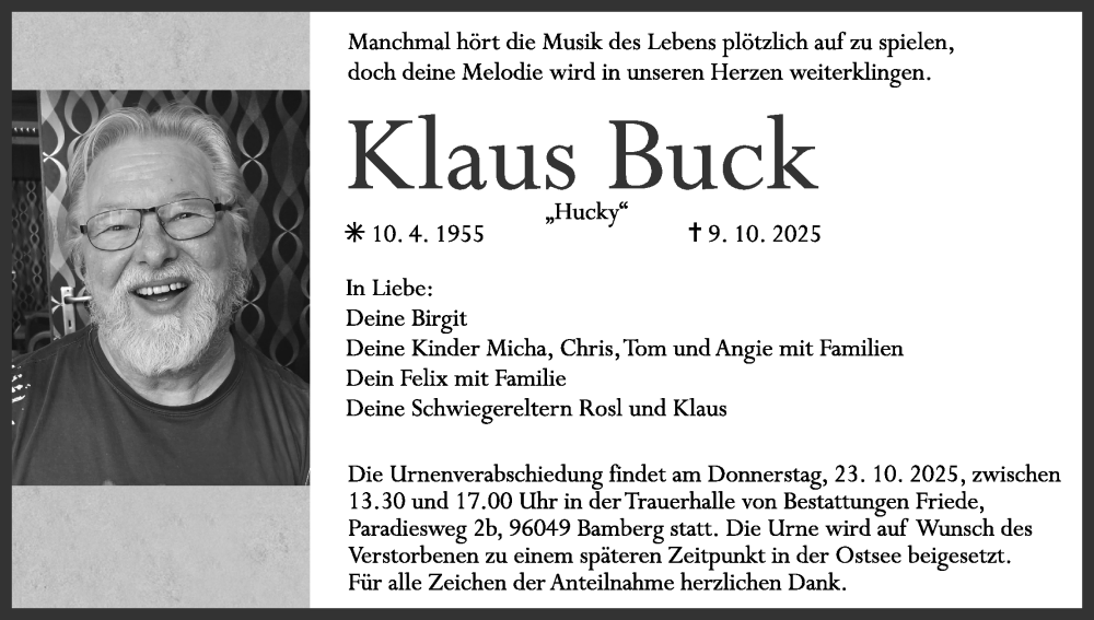  Traueranzeige für Klaus Buck vom 18.10.2025 aus MGO