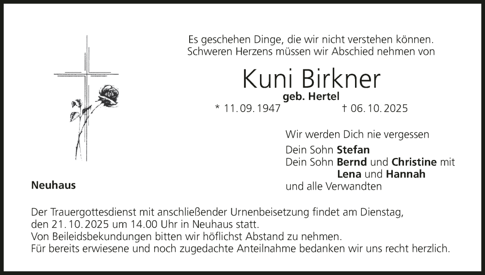  Traueranzeige für Kuni Birkner vom 18.10.2025 aus MGO
