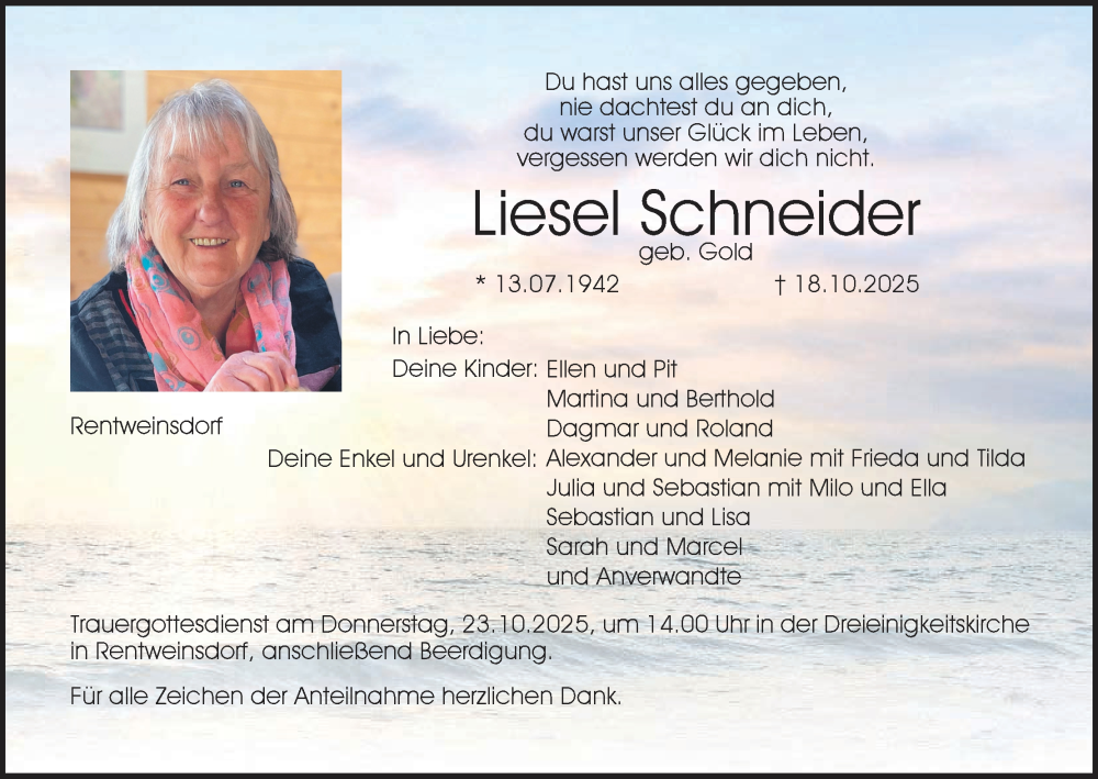  Traueranzeige für Liesel Schneider vom 21.10.2025 aus MGO