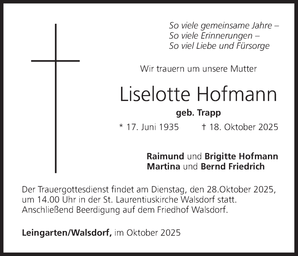  Traueranzeige für Liselotte Hofmann vom 25.10.2025 aus MGO