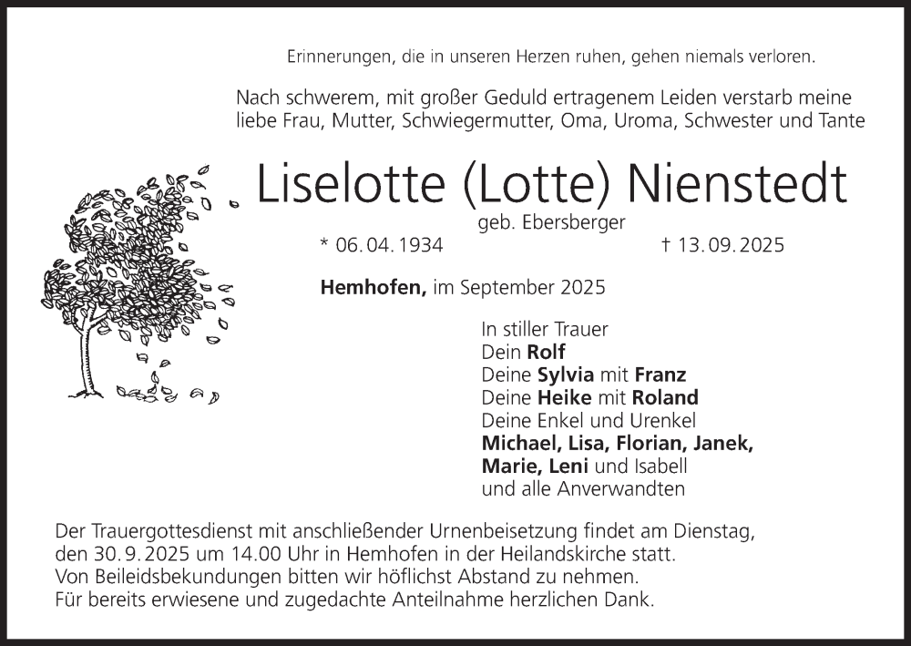  Traueranzeige für Liselotte Nienstedt vom 30.09.2025 aus MGO