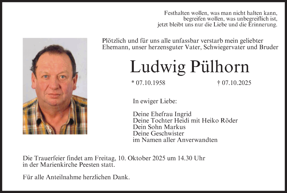 Traueranzeige für Ludwig Pülhorn vom 08.10.2025 aus MGO