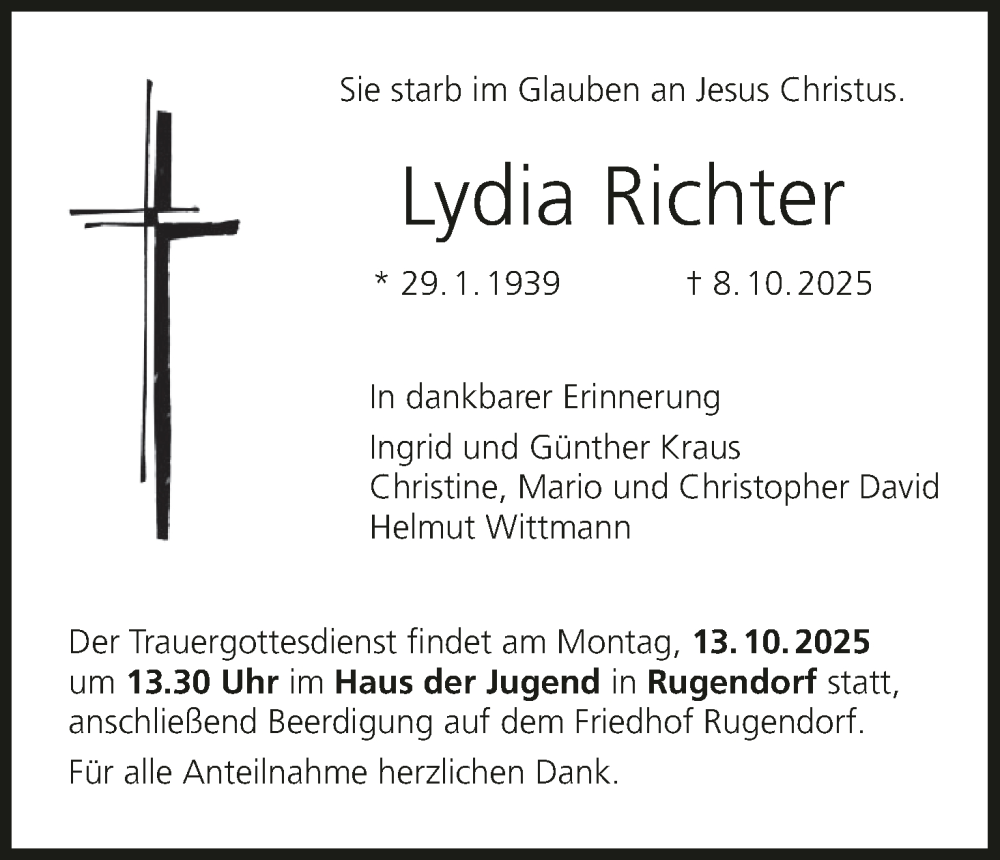  Traueranzeige für Lydia Richter vom 11.10.2025 aus MGO