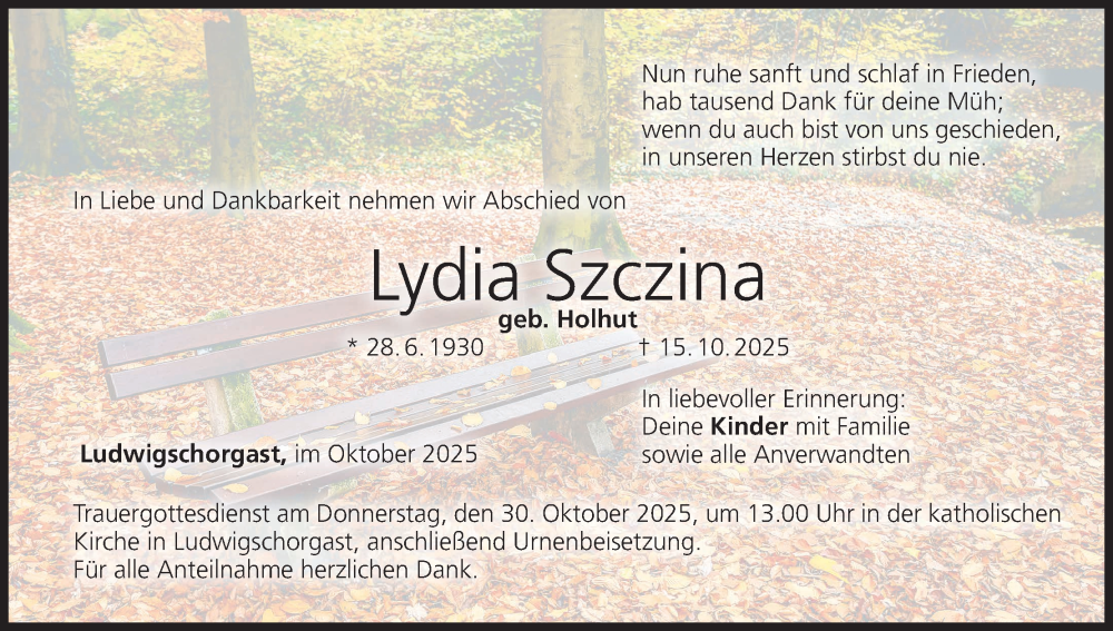  Traueranzeige für Lydia Szczina vom 25.10.2025 aus MGO
