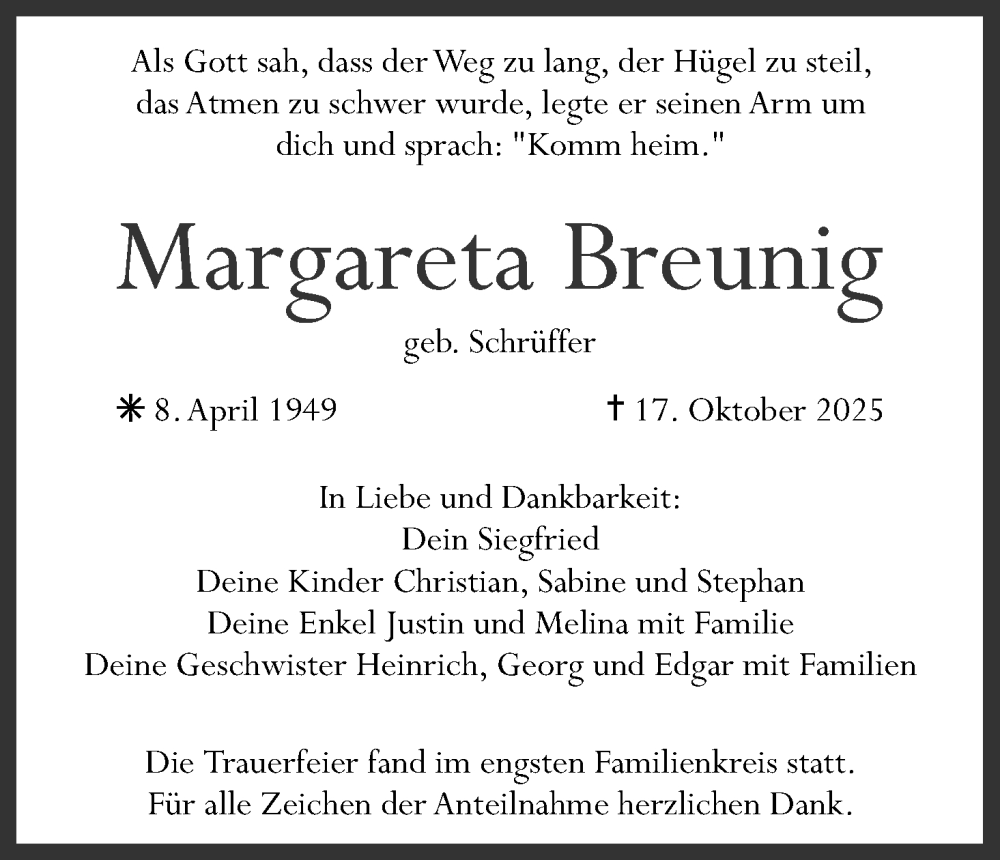 Traueranzeige für Margareta Breunig vom 25.10.2025 aus MGO