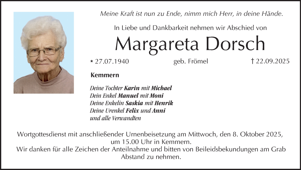  Traueranzeige für Margareta Dorsch vom 04.10.2025 aus MGO