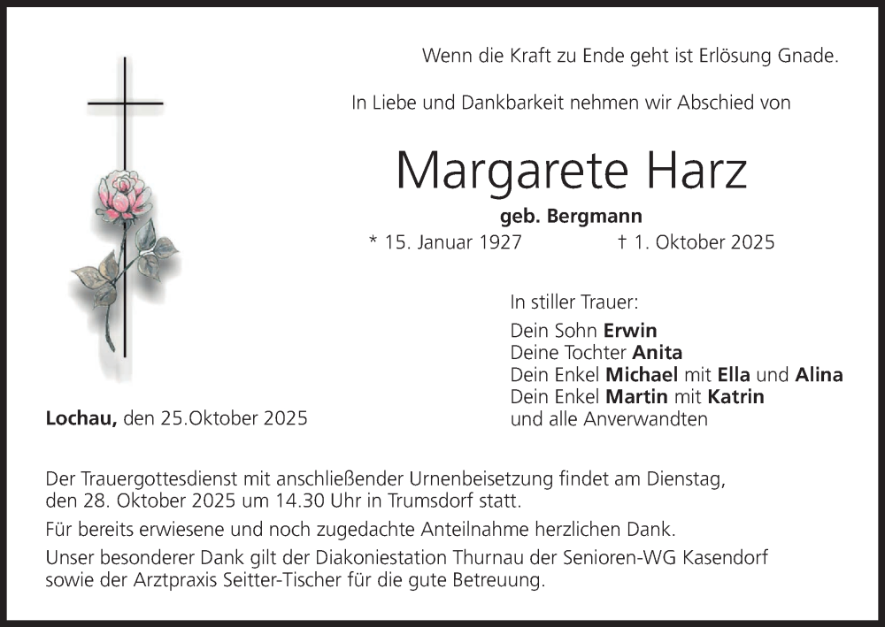  Traueranzeige für Margarete Harz vom 25.10.2025 aus MGO