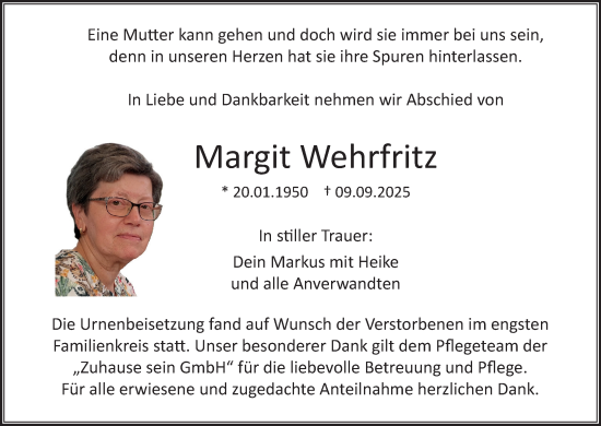 Anzeige von Margit Wehrfritz von MGO
