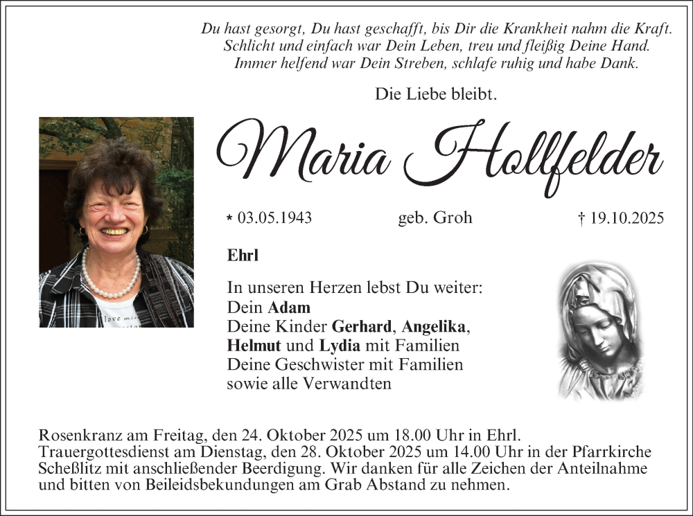  Traueranzeige für Maria Hollfelder vom 22.10.2025 aus MGO