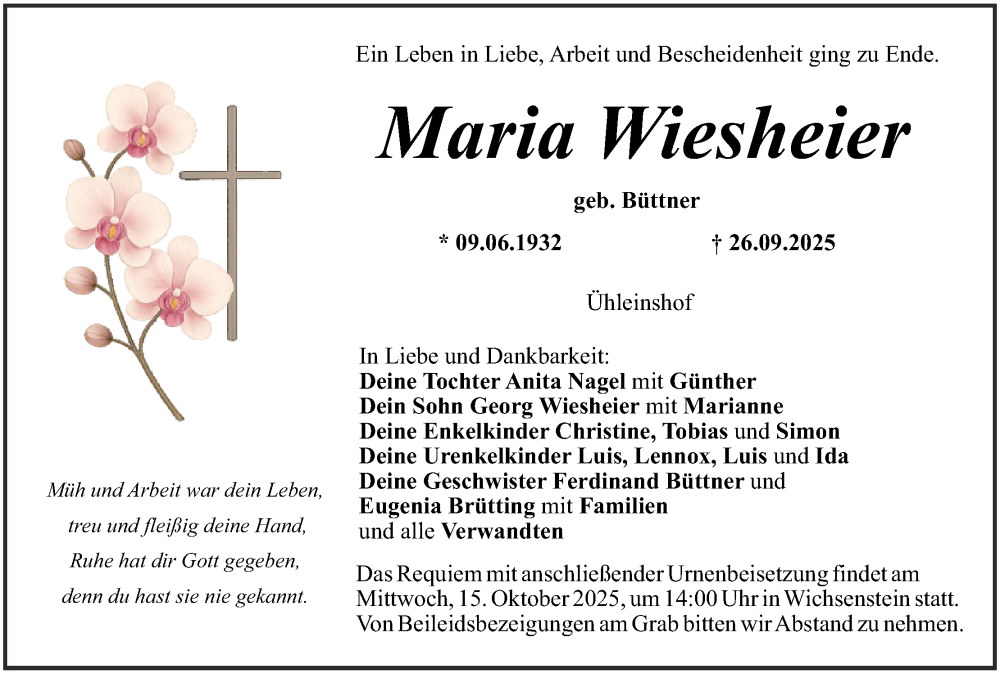  Traueranzeige für Maria Wiesheier vom 11.10.2025 aus MGO