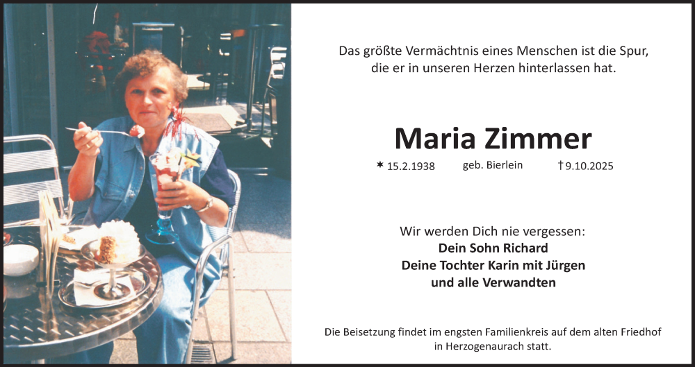  Traueranzeige für Maria Zimmer vom 11.10.2025 aus MGO